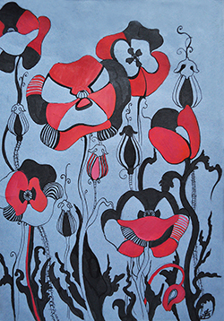 Веселые маки /Funny poppies/ 30x42; маркеры, гелевая ручка, пастельная бумага /markers, gel pen, pastel paper/ 2017