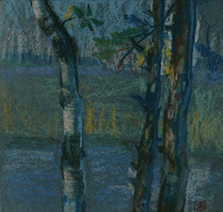 Березы у воды. Кавголовское озеро. Birch trees by the water. Lake Kavgolovskoe/ 21x21 cm, сухая пастель, пастельная бумага /Dry pastel, pastel paper/ 2020